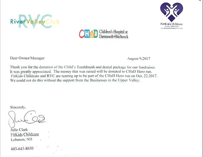 Letter of thanks from Children's hospital