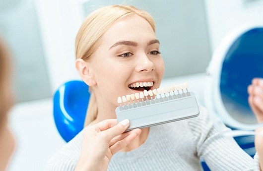 Woman's smile compared with porcelain veneer color chart